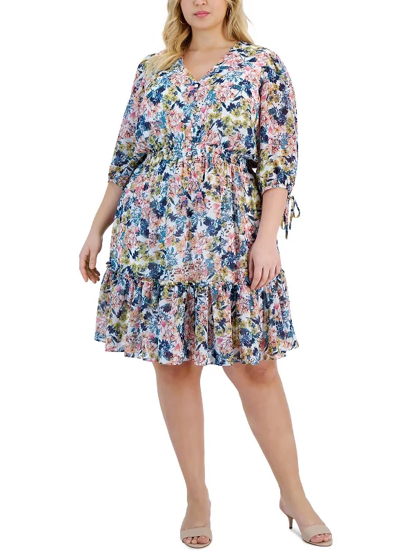 Classic Women's Fashion Plus Womens Knee Length Floral Print Fit & Flare Dress