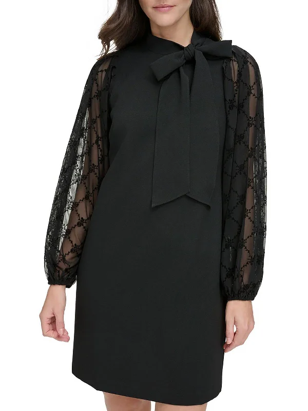 Women's Clothing For Travel Petites Womens Floral Print Tie Neck Sheath Dress