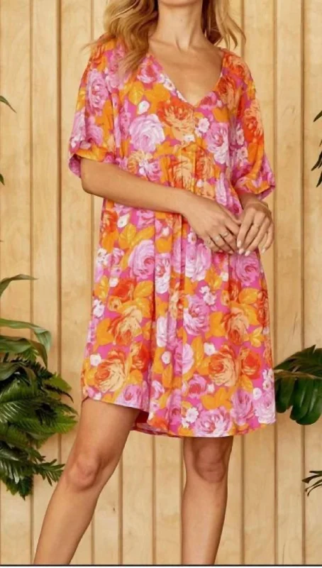 Stylish Clothes For Women Floral Babydoll Dress In Pink, Orange And Purple