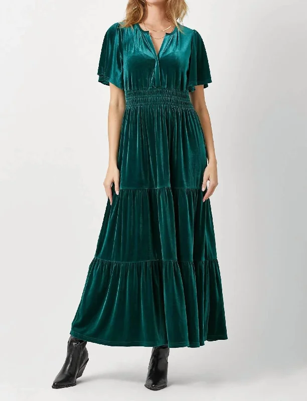 Women's Formal Wear Ruffled Velvet Maxi Dress In Emerald