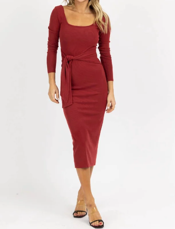 Women's Layered Outfit Long Sleeve Tie Front Maxi Dress In Burgundy