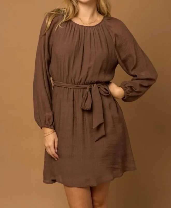 Trendy Online Boutiques Long Sleeve Shirring Neck Waist Tie Dress In Brown