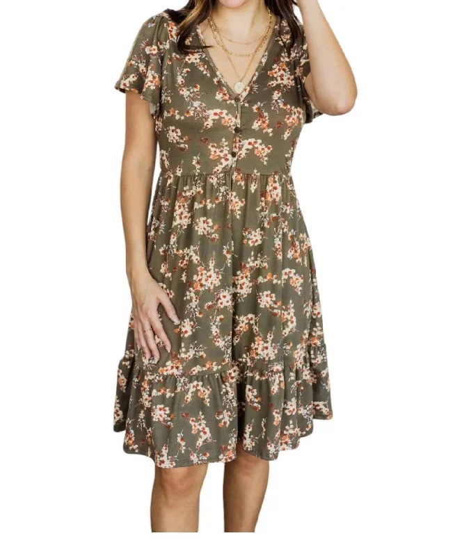 Casual Chic Women's Clothes Floral Ruffle Dress In Green