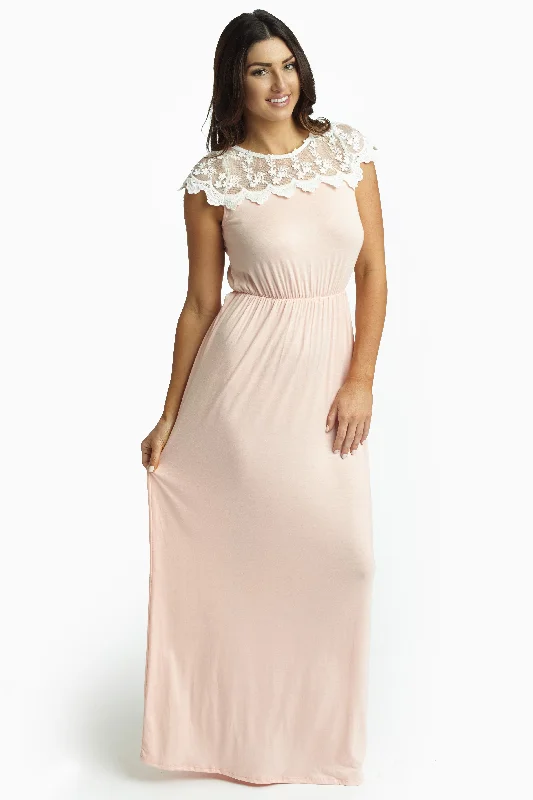 Women's Office Clothing Pink Lace Top Maxi Dress