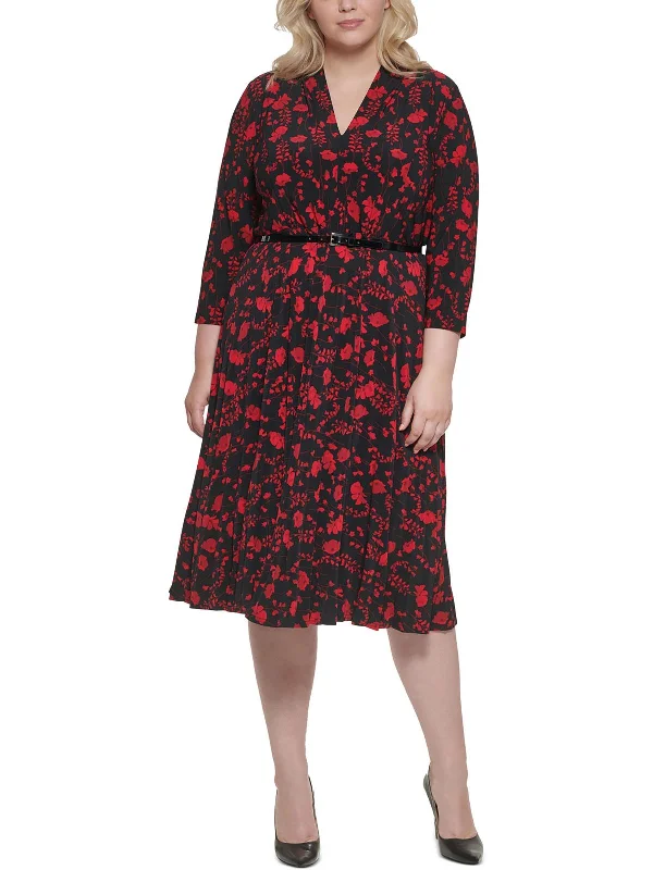 Vintage Fashion Plus Womens Floral V-Neck Fit & Flare Dress