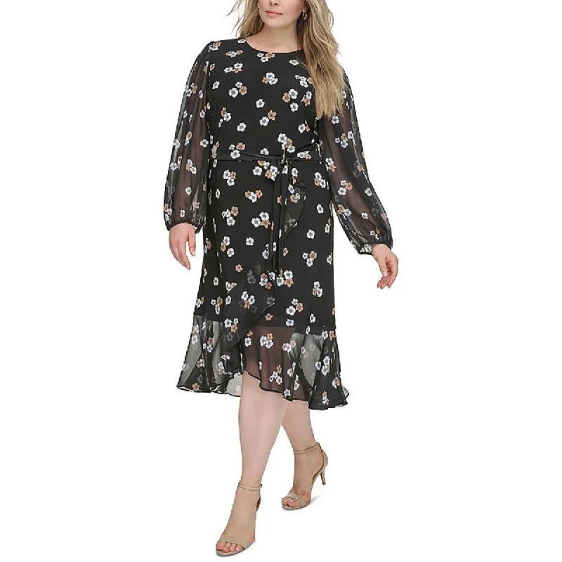 Athleisure Wear Plus Womens Floral Print Ruffled Hem Sheath Dress