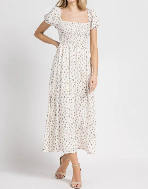 Modern Women's Outfit Floral Smocked Dress In Ivory