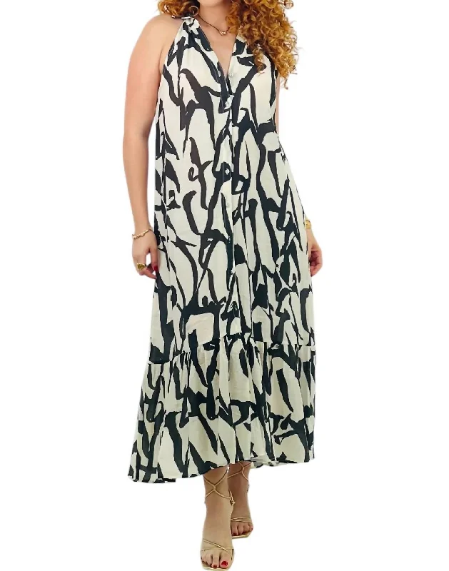 Women's Clothes For The Office Halterneck Maxi Dress In Black/white