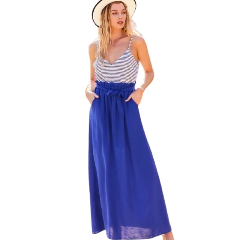Outlet Clothing Striped Print Cami Sol Top Hi-waist Skirt Side Pocket Maxi Dress