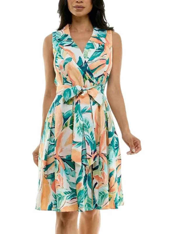 Chic Women's Garments Floral Print Tie Waist Collared Dress In Aqua Multi