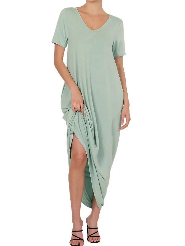 Charming Women's Outfit For Special Occasions V-Neck Short Sleeve Maxi Dress In Light Sage