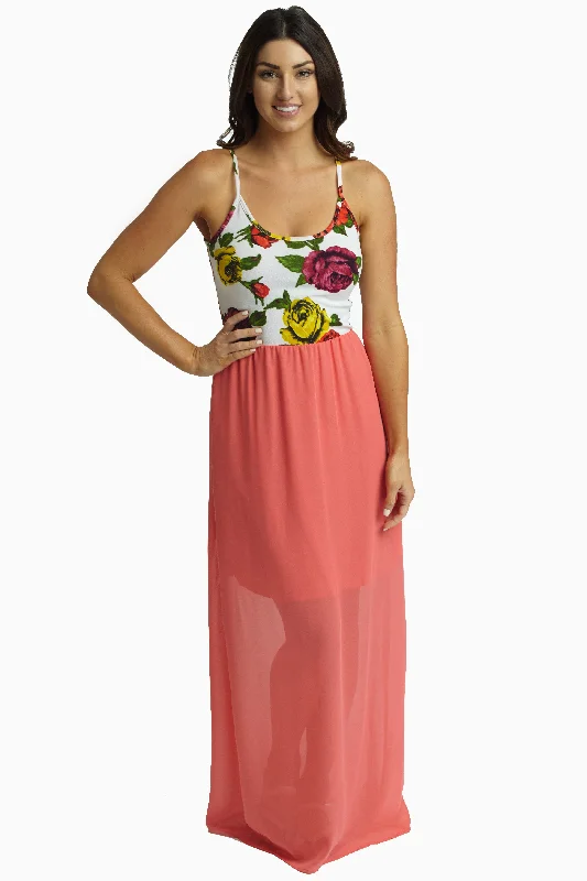 Women's Cozy Clothes Coral Chiffon Floral Top Maxi Dress
