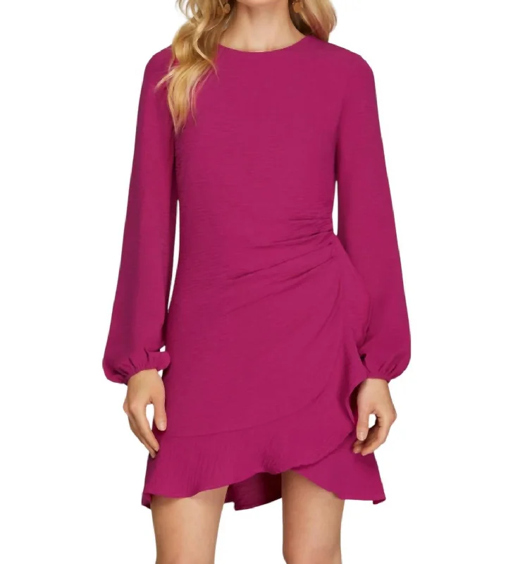 Affordable Women's Clothing Online Long Sleeve Asymmetrical Ruffled Hem Dress In Pink