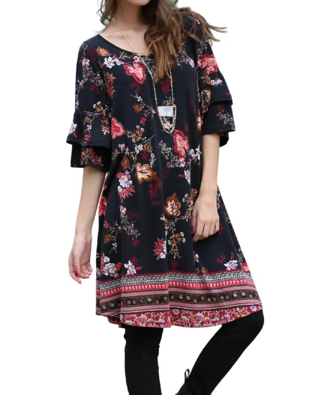 Women's Outdoor Activity Garments Floral Double Ruffle Sleeve Dress In Black