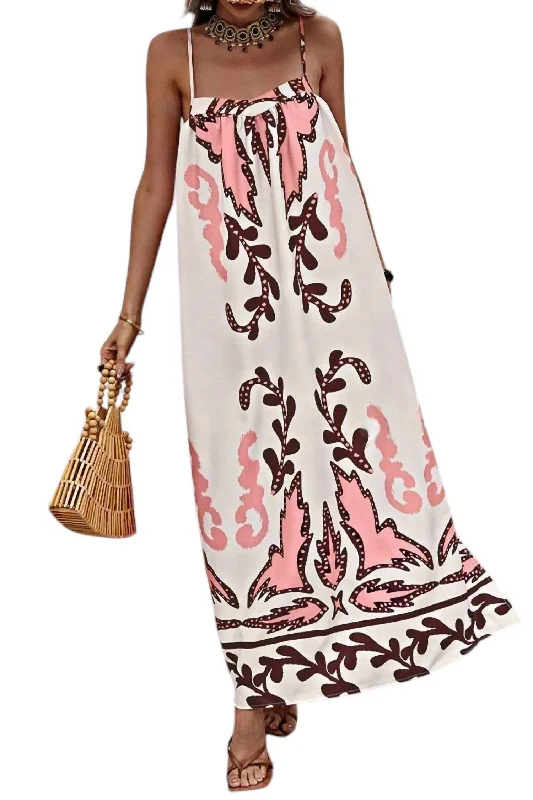 Fashion Essentials Loose Strap Printed Holiday Maxi Dress In Pink