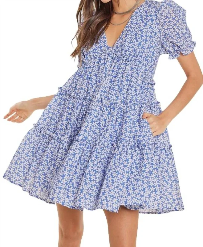 Elegant Women's Fashion Floral Babydoll Dress In Blue