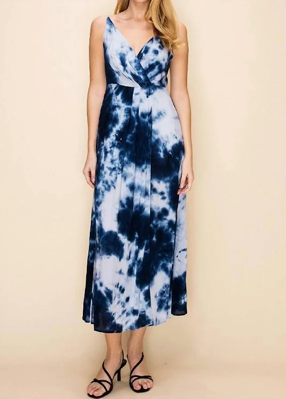 Sustainable Fashion Clothing For Women Spaghetti Strap Maxi Dress In Navy Tie Dye