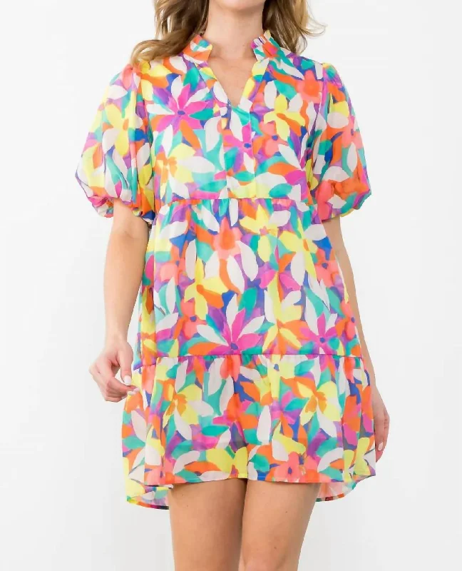 Women's Workout Clothing Puff Sleeve Floral Print Dress In Pink Multi