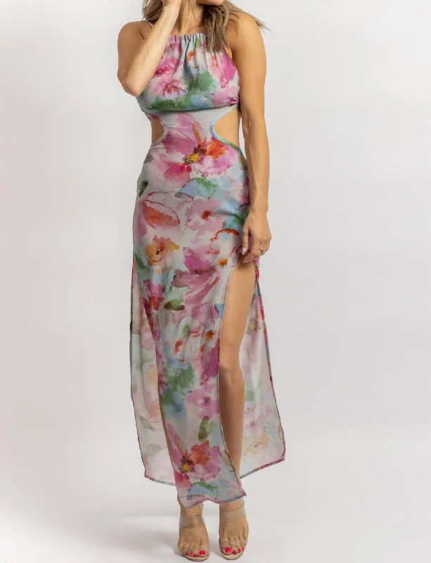 Best Online Boutiques Floral Open Back Maxi Dress In Grey + Fuchsia