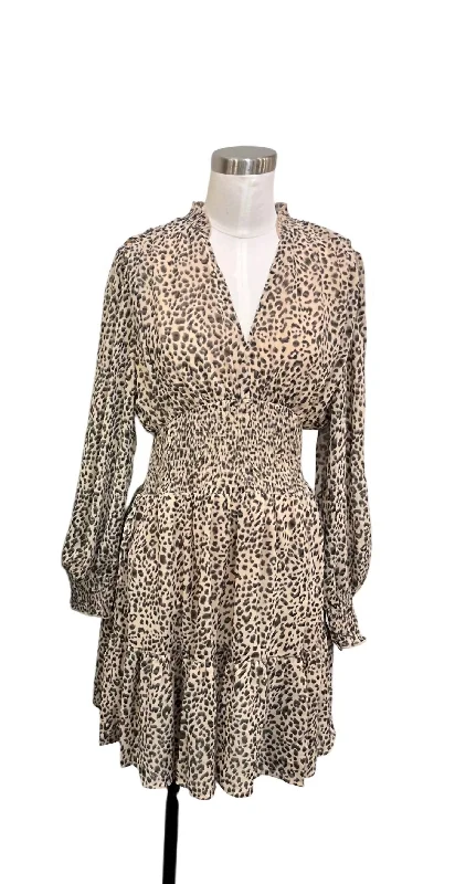 Formal Clothing For Women Women's Long Sleeve Cheetah Dress In Beige