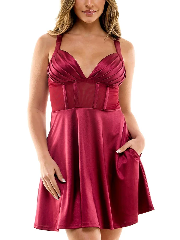 Clothing Brands Juniors Womens Corset Seamed Satin Fit & Flare Dress