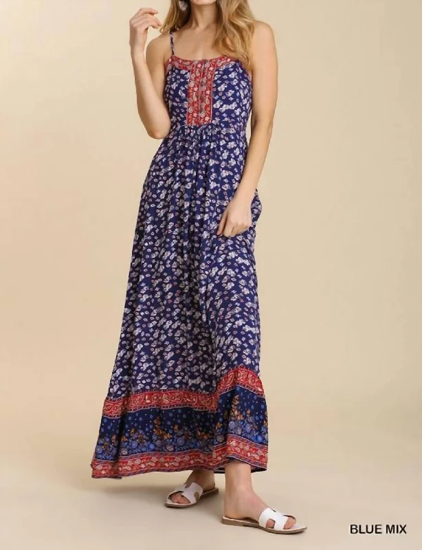 Timeless Women's Clothes Mixed Border Print Half Button Front Sleeveless Ruffle Hem Maxi Dress In Blue Mix