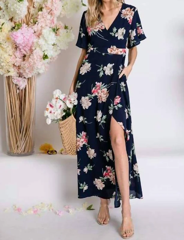 Comfortable Women's Clothes Floral Wrap Maxi Dress In Navy