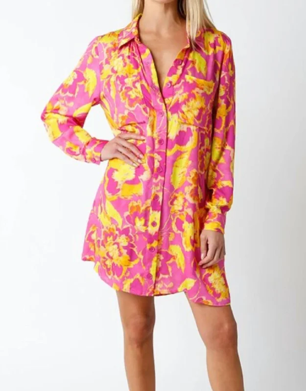 Luxury Fashion Floral Shirt Dress In Pink