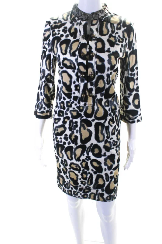 Women's Elegant Evening Outfit SoCa St. John Womens 3/4 Sleeve Spotted Shirt Dress White Black Brown