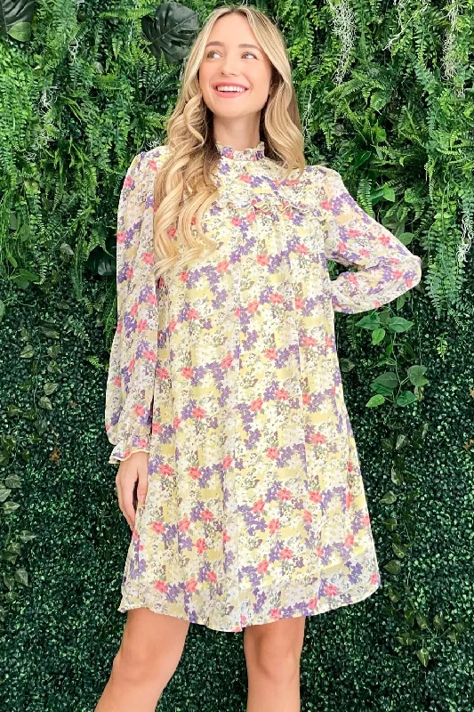 Classic Women's Clothing Styles Floral Mock Neck Flounce Sleeve Dress