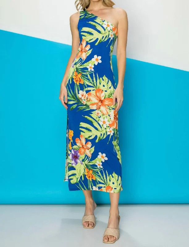 Women Apparel Tropical Printed One Shoulder Maxi Dress In Royal Blue