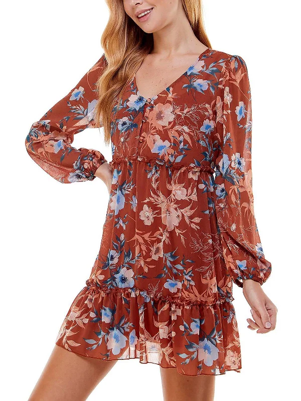 High End Fashion Juniors Womens Chiffon Floral Fit & Flare Dress