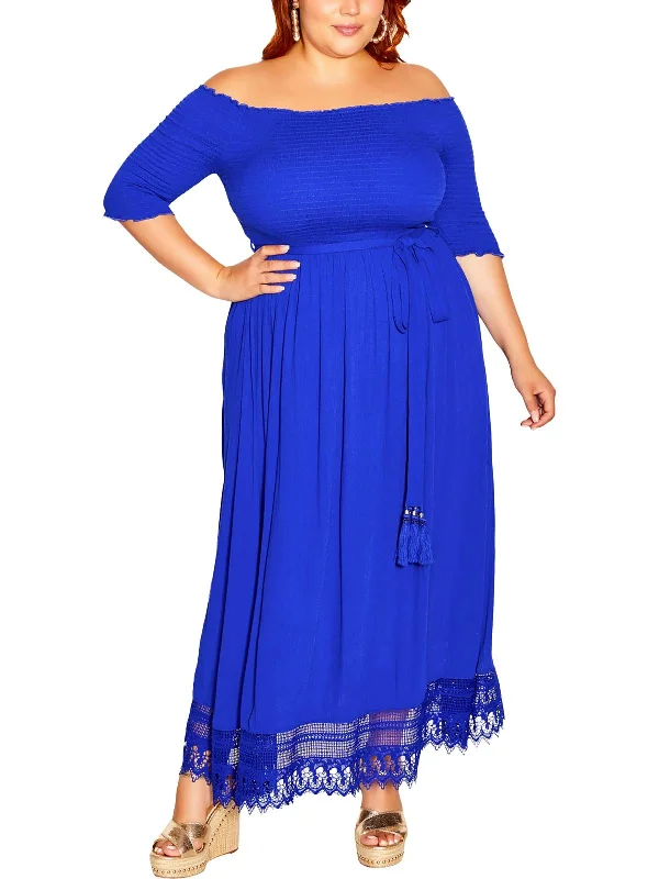 Outlet Clothing Plus Mika Womens Off-The-Shoulder Lace Trim Maxi Dress