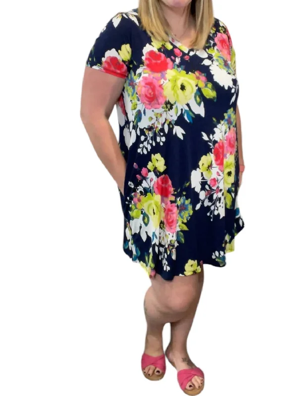 Women's High Street Fashion Floral Pocket Swing Dress In Navy