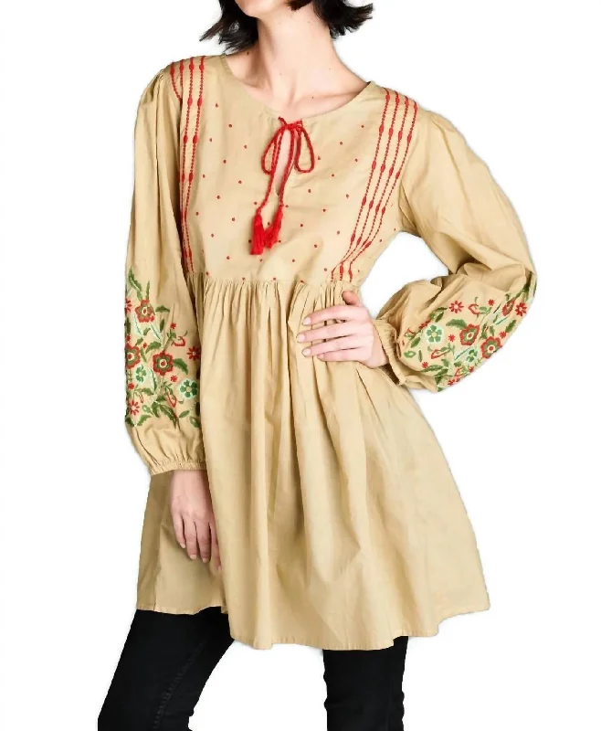 High-End Women's Apparel Floral Embroidered Peasant Dress In Mocha