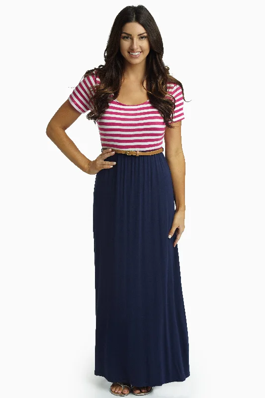 Workwear Fashion for Women Fuchsia Striped Top Belted Maxi Dress