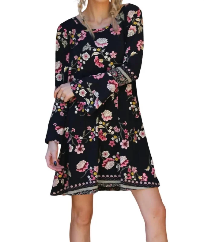 Relaxed Style Floral Double Ruffle Sleeve Open Back Dress In Black