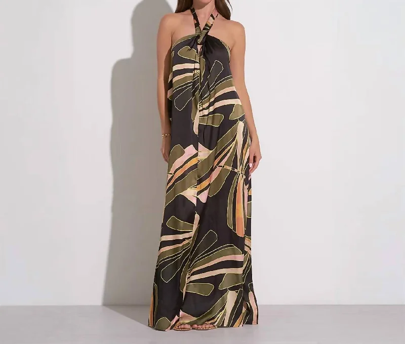 End of Season Sale Halter Tie Back Maxi Dress In Auve Abstract Print