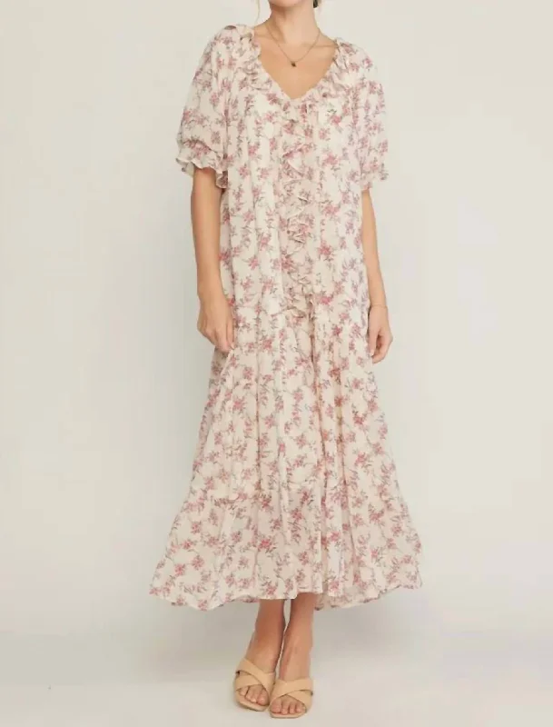 Big Sale Event Ruffled V Neck Maxi Dress In Beige