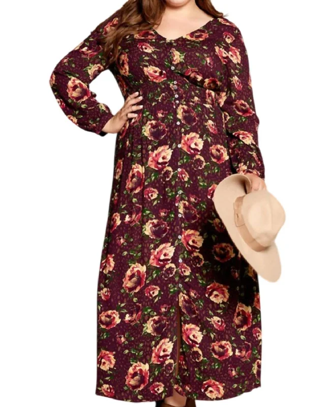 Women's Casual Dresses Floral Button Down Maxi Dress In Burgundy