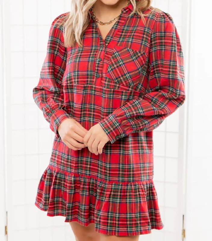 Clothes Woman Plaid Tiered Mini Shirt Dress