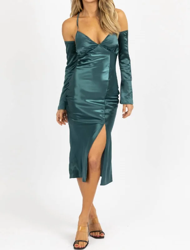 Casual Chic Satin Maxi Dress W/ Long Cuff-Sleeve In Emerald