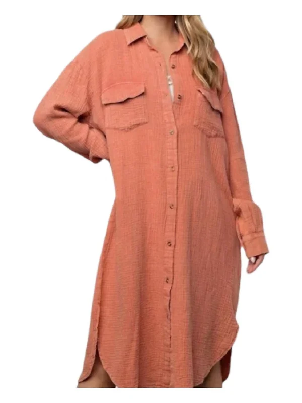 Sophisticated Style Cotton Gauze Below The Knee Shirt Dress In Pumpkin Mineral Washed