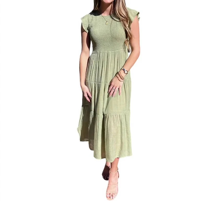 Women's Casual Wear Outfit Tiered Smocked Bodice Maxi Dress In Light Olive