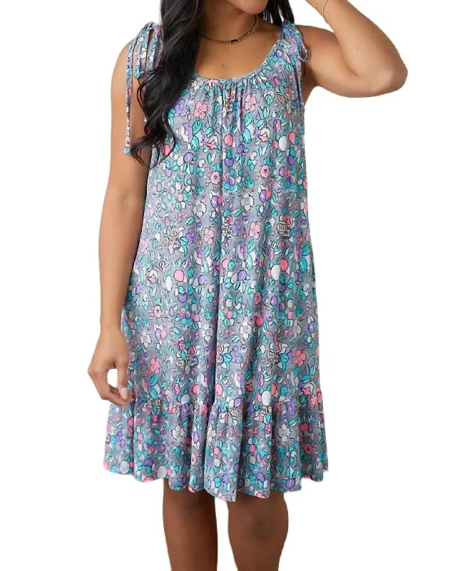 Women's Clothes For Outdoor Events Floral Essence Tie Strap Dress In Blue