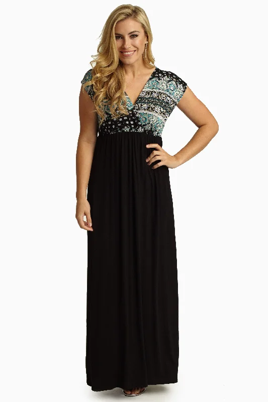 Colorful Clothing Black Moroccan Printed Top Maxi Dress