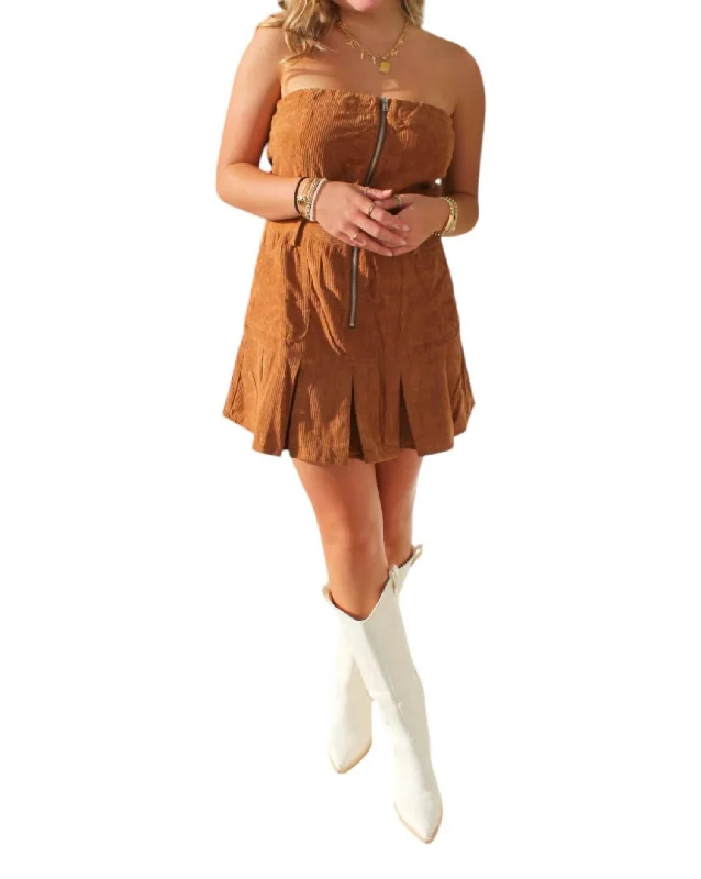 Trendy Street Style Angela Corduroy Strapless Romper Dress In Tan