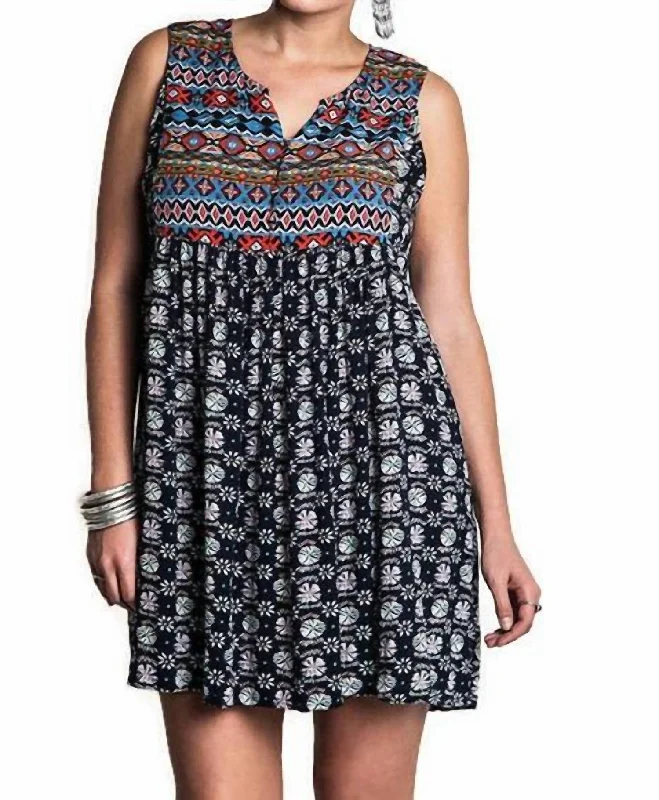 Elegant Women's Evening Garments Sleeveless Printed Peasant Dress In Navy Mix