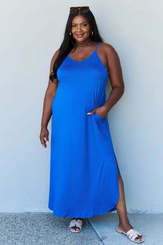 Fashion Essentials Good Energy Full Size Cami Side Slit Maxi Dress in Royal Blue