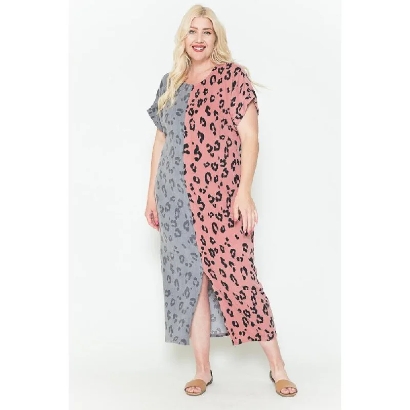 Unique Women's Fashion Pieces Front Slit Dolman Leopard Print Maxi Dress